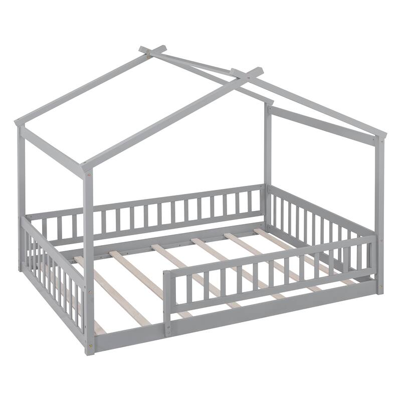 Full Size Wooden House Bed Frame with Fence for Kids and Teens in Gray