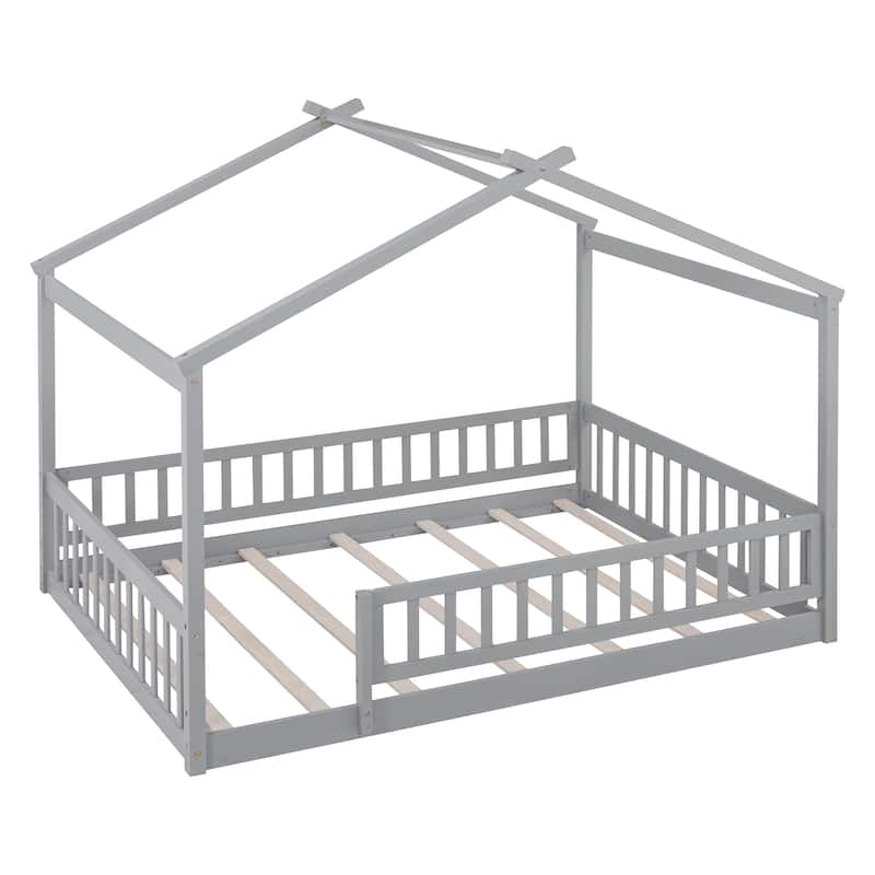 Wood Bed House Bed Frame with Fence for Kids