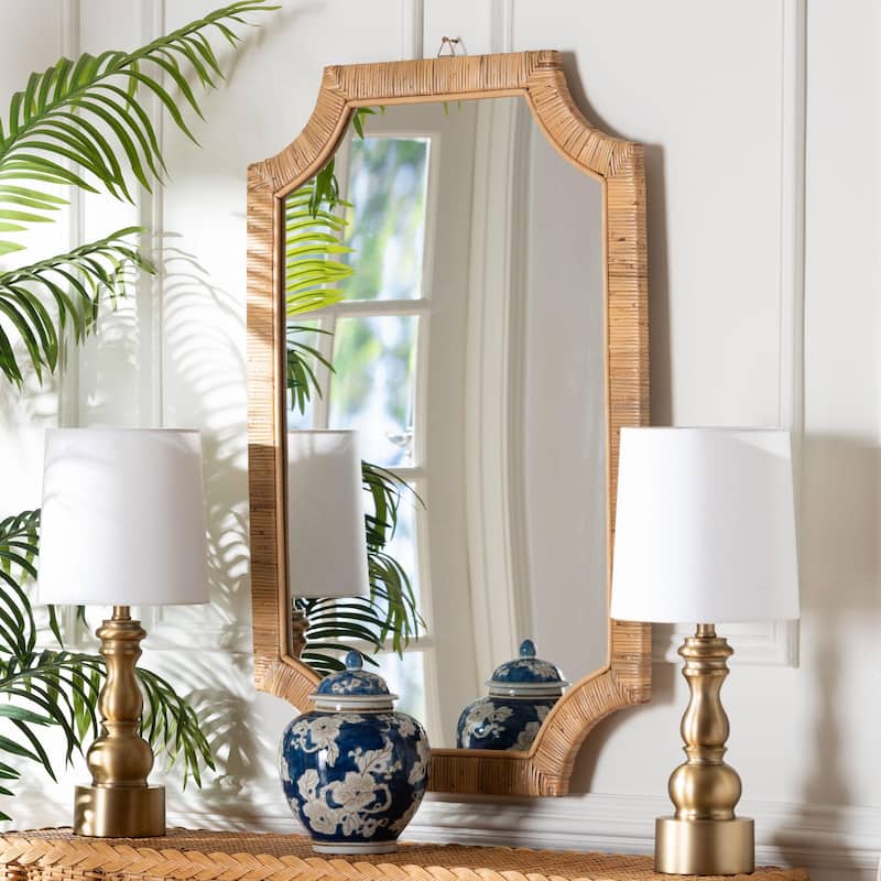 Thiago Natural Rattan Wall Mirror - Handwoven Wicker Rectangle Mirror with Scalloped Corners, Coastal Boho Wall Décor - Honey