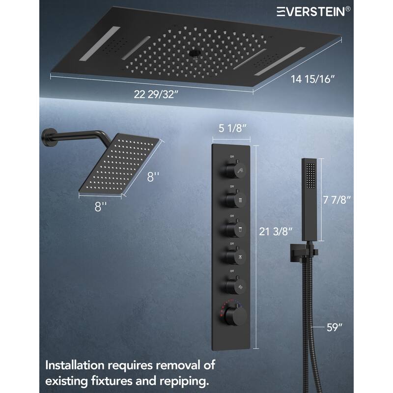 Dual Shower Heads System with 3 Spray Modes 22"*15" Ceiling and 6" Wall Mount Body Jets Handheld Spray LED Music