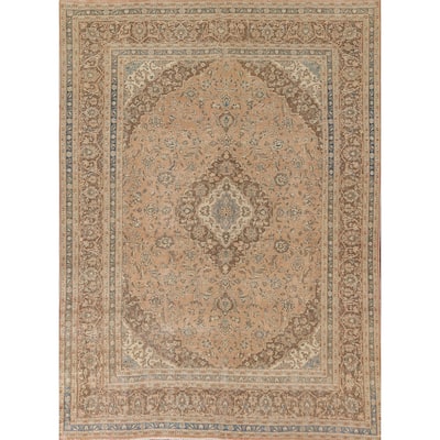 Traditional Peach Mashad Persian Vintage Rug Hand-Knotted Wool Carpet - 7'11"x 10'7"