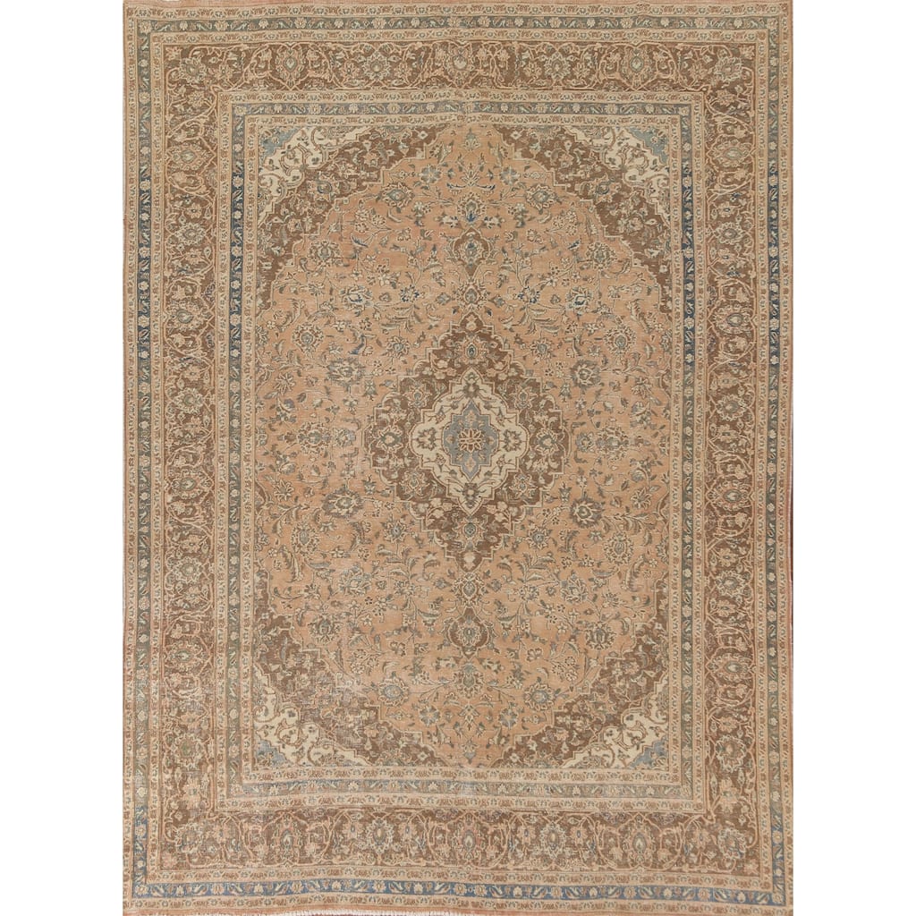 Traditional Peach Mashad Persian Vintage Rug Hand-Knotted Wool Carpet - 7'11"x 10'7"