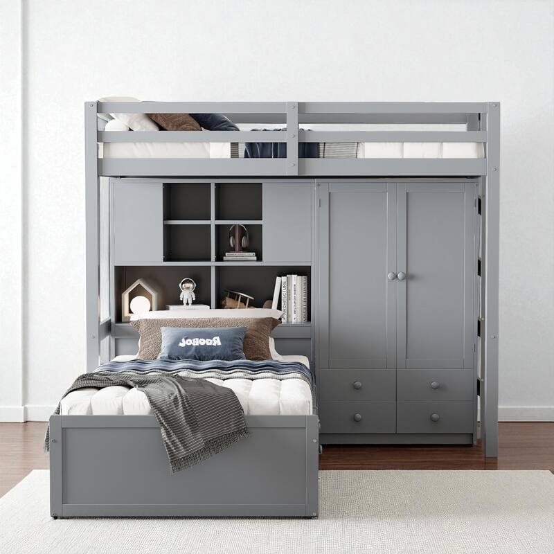 Twin Bunk Bed with Drawers, Wardrobe, Shelves and Hydraulic Lift Storage, Space Saving Bed for Kids Teens - Grey - Twin