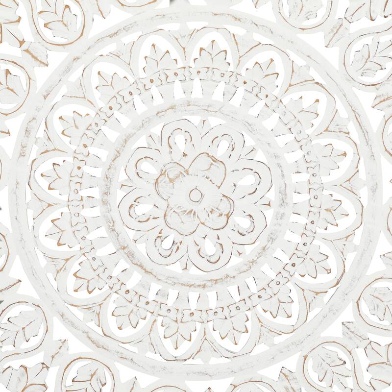 White Wood Handmade Intricately Carved Round Mandala Floral Home Wall Decor