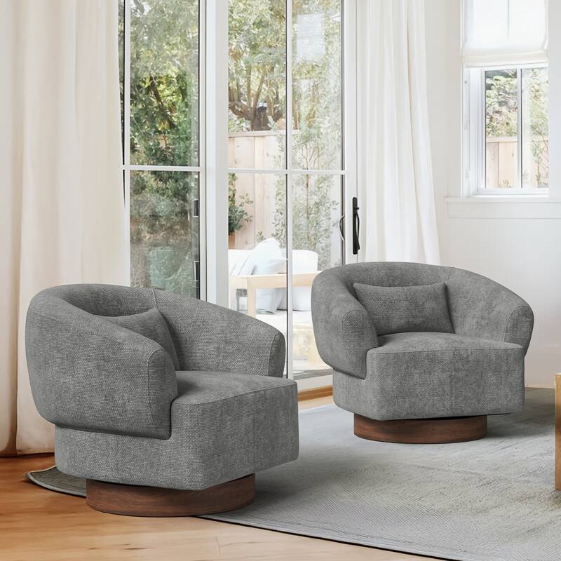 Set of 2 Chenille Upholstered Swivel Barrel Accent Chair with Solid Wood Base for Living Room - Grey