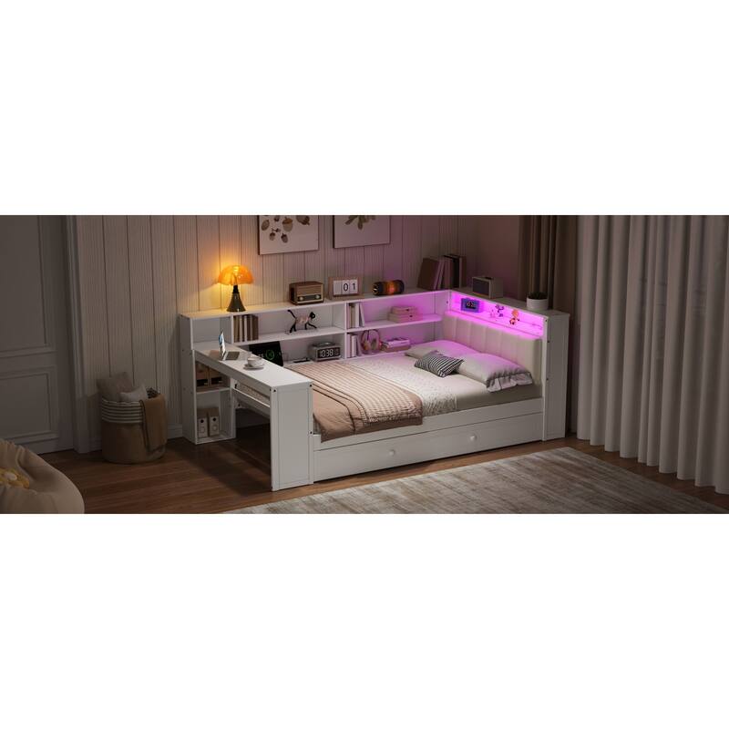 Roomfitters Twin/Full Platform Bed with Trundle, LED Headboard, Charging Station and Storage