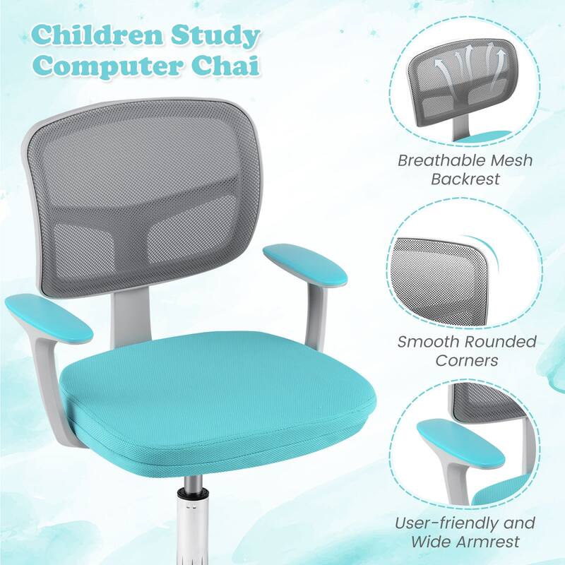 Kids Ergonomic Adjustable Height Study Chair with Swivel Seat and Mesh Backrest and Armrests