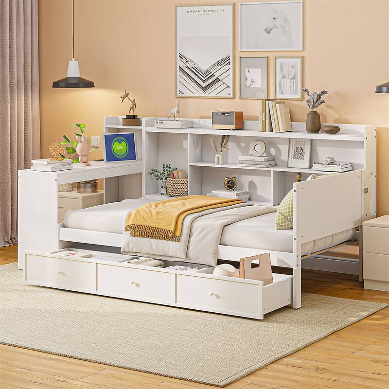 Twin/Full Daybed with 3 Storage Drawers and Bedside Desk, Wooden Day Bedframe Sofa Bed with Storage Shelves and USB Ports