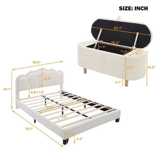 Full Size Flower-Shape Platform Bed w/LED Light Strip & Ottoman, White