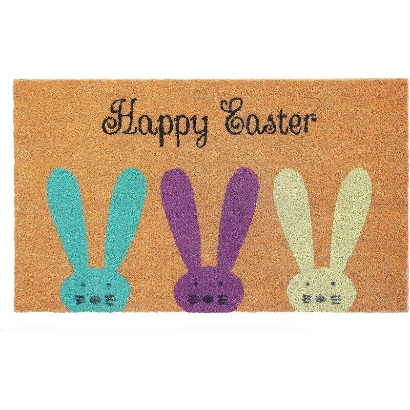 HomeRoots 17" X 29" Natural Aqua And Purple Bunny Happy Easter Coir Outdoor Door Mat - 17' X '29