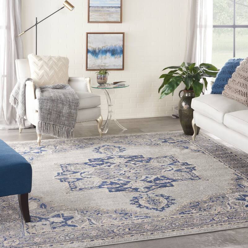 Nourison Tranquil Grey Navy Modern Persian Floral Medallion Area Rug - 8' x 10' - Grey/Navy - Runner/Rectangle