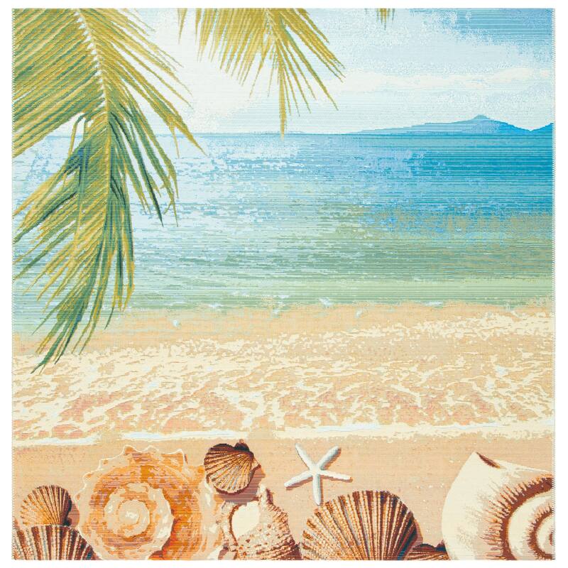 SAFAVIEH Barbados Liset Tropical Indoor/ Outdoor Waterproof Patio Backyard Rug - 6'6" Square - Gold/Blue