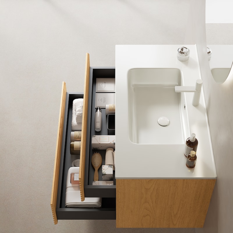 GDFStudio - Bron Modern Floating Bathroom Vanity with Integrated Rectangular Ceramic Basin and 2 Soft-Close Drawers, NO Faucet