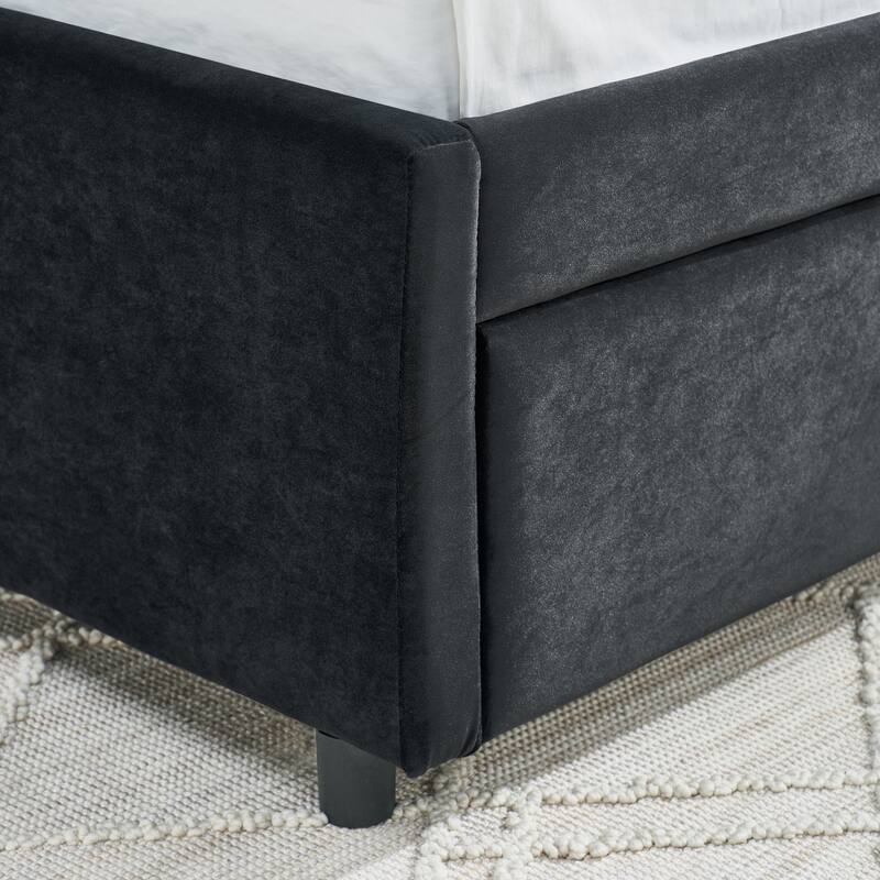 Roomfitters Full Velvet Daybed with Trundle, Upholstered Sofa Bed Frame with Backrest and Armrests, Black