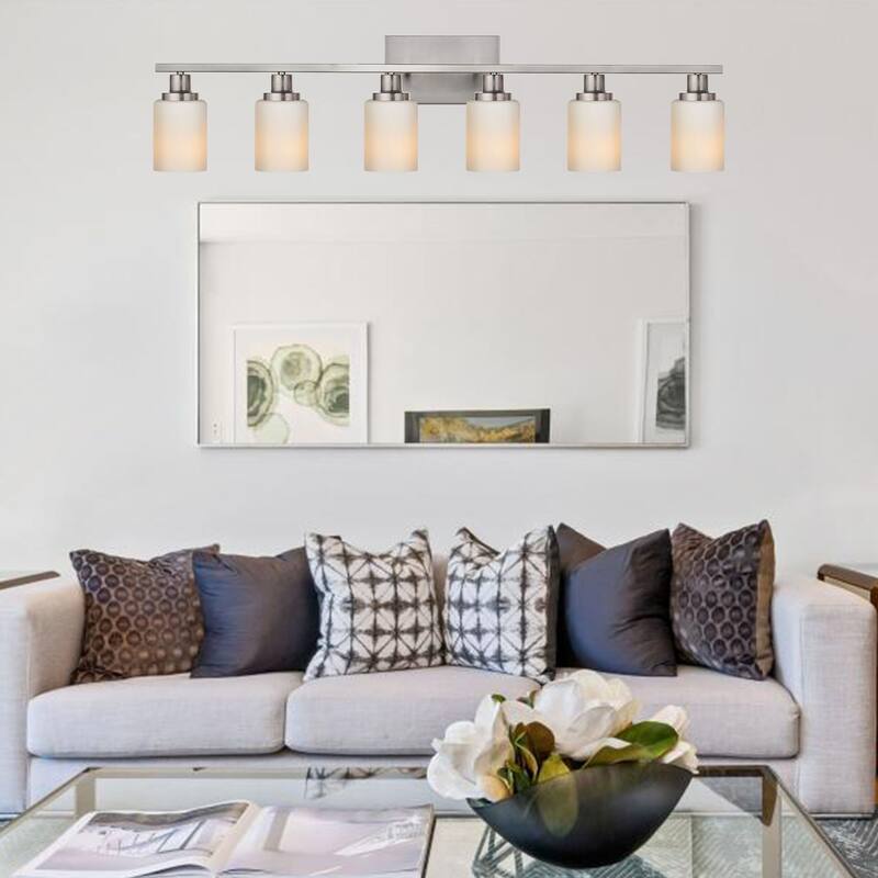 6-Light Bathroom Light Fixtures Brushed Brass 6-Light Bathroom Vanity Light, Bathroom Lights Over Mirror with Milky Glass Shade