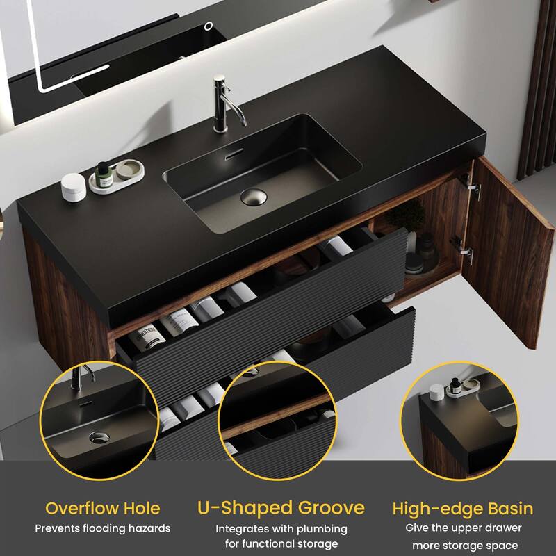 Wall Mounted Bathroom Vanity with Glossy White Solid Surface Sink