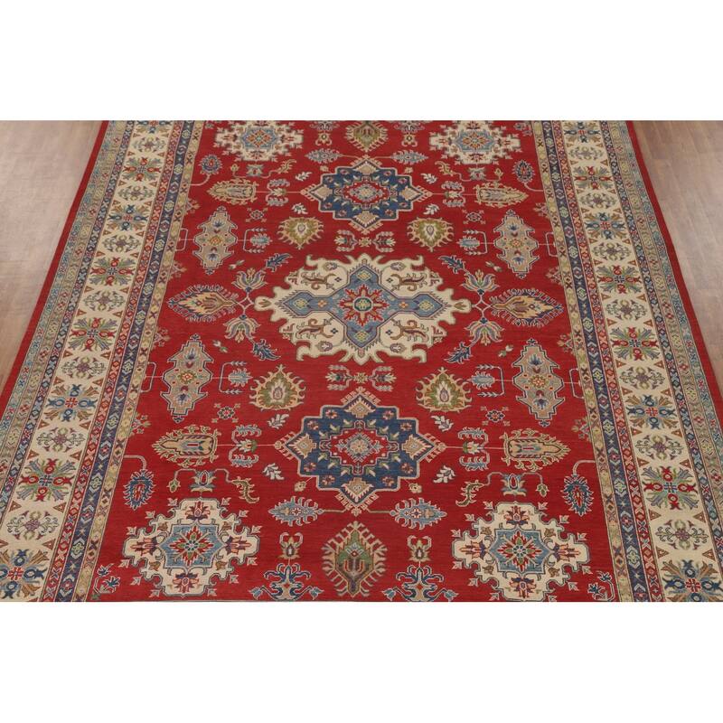 Red Geometric Kazak Oriental Large Area Rug Wool Carpet - 9'10" x 13'9"