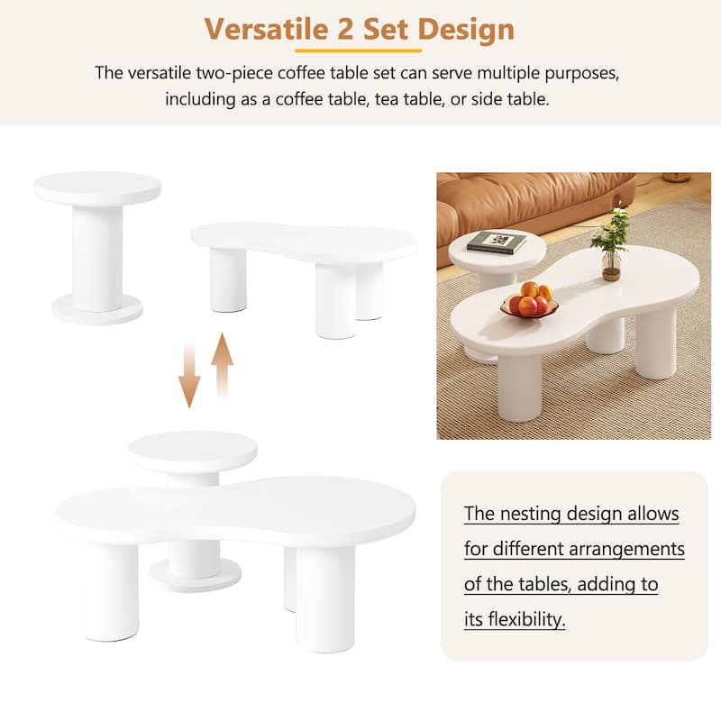Roomfitters Modern Cloud Nesting Coffee Table Set, Irregular Center Table with Thick Legs and Round Accent Side Table, White