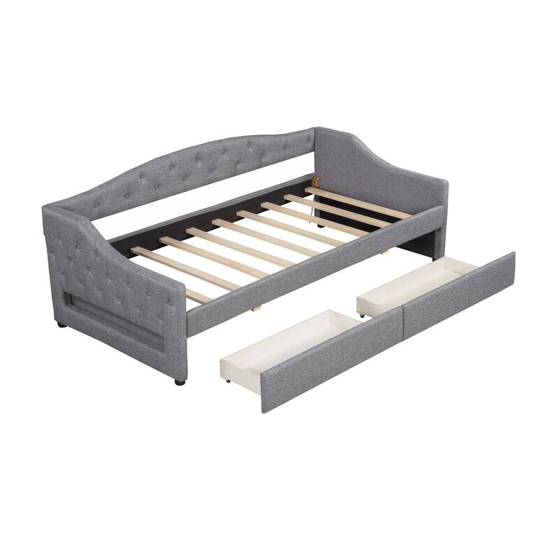 Modern Linen Upholstered Daybed with LED Light Strip, Button-Tufted Backrest Sofa Bed Optional Trundle Bed or Storage Drawers