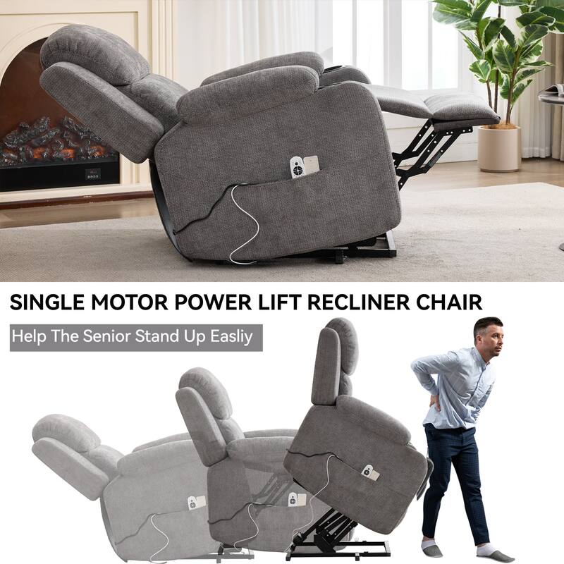 Chenille Power Lift Recliner Chair, Heavy Duty Recliner Chair with Heat & Massage, Lounge Chair with USB Ports & Cup Holders