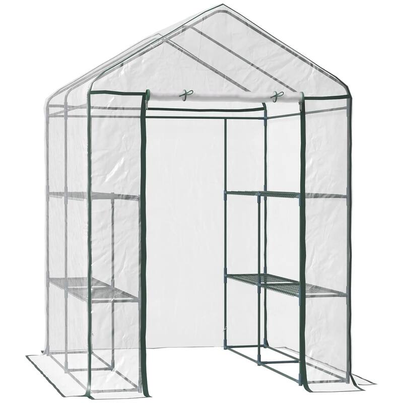 Clear Plastic Steel Frame Walk-In Greenhouse with Shelves and Cover - Clear-56.25" L x 56.25" W x 76.75" H