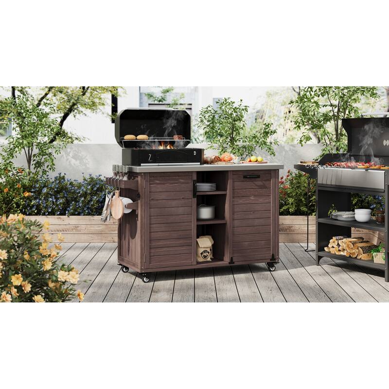 Roomfitters 78.3" Outdoor Kitchen Island with Foldable Grill Table, Stainless Steel Top & Tilt Trash Can Storage