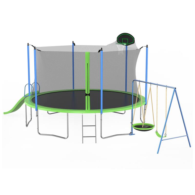 12FT Trampoline with Slide and Swings(Double color cover), Trampoline with Basketball Hoop and Ladder