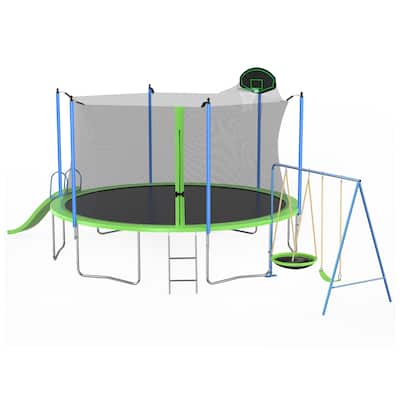 14FT ASTM Approved Trampoline with Slide Swings Basketball Hoop Ladder Net for Kids Adults