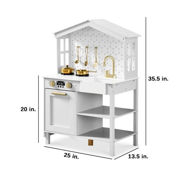 Pretend Play Wooden Farmhouse Kitchen Set w/ Storage, 5 Accessories