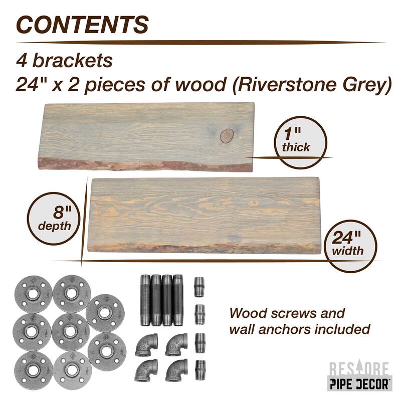 PIPE DECOR Live Edge Reclaimed Wood Shelf with Industrial Pipe Brackets, Set of 2