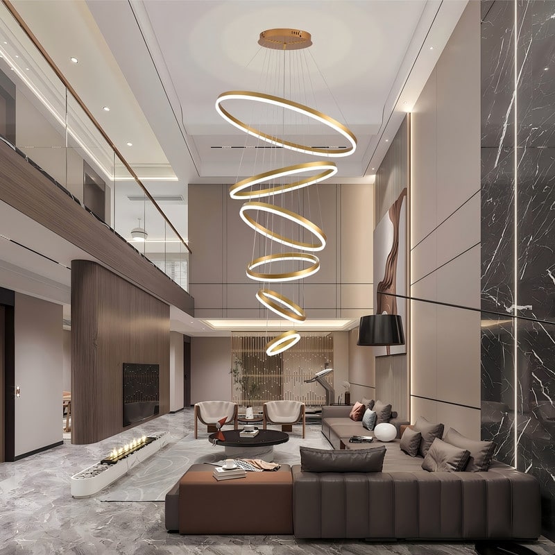 Modern Ring LED Chandelier Large Circle Pendant Light for High Ceilings, Dimmable with Remote - 6 Rings