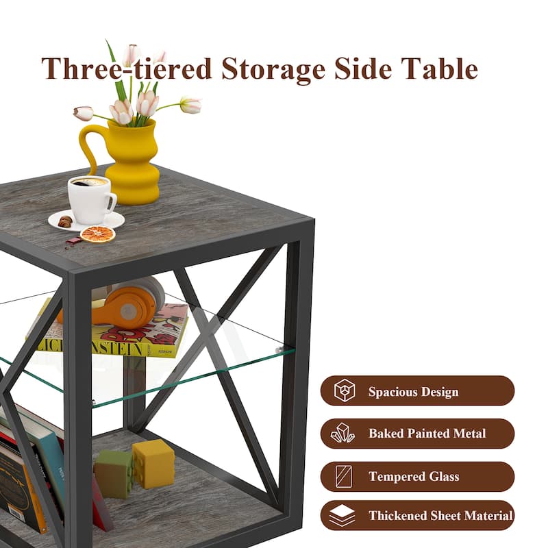 1 Piece Modern End Table Nightstand, Tempered Glass&Natural Wood Mdf Top,Industrial Style Side Table