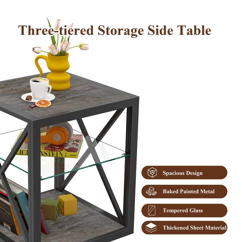 Set Of 2 Modern End Table Nightstand, Tempered Glass&Rustic Wood Grain Mdf,Industrial Style Side Table