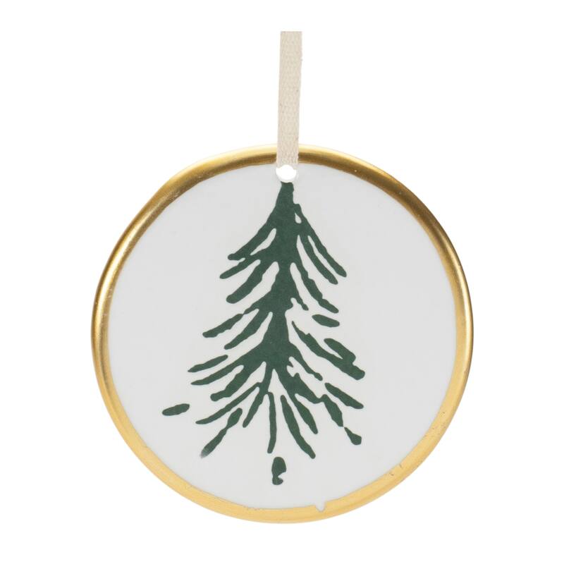 Ceramic Pine Tree Christmas Disc Ornaments - 3.5" - 12ct