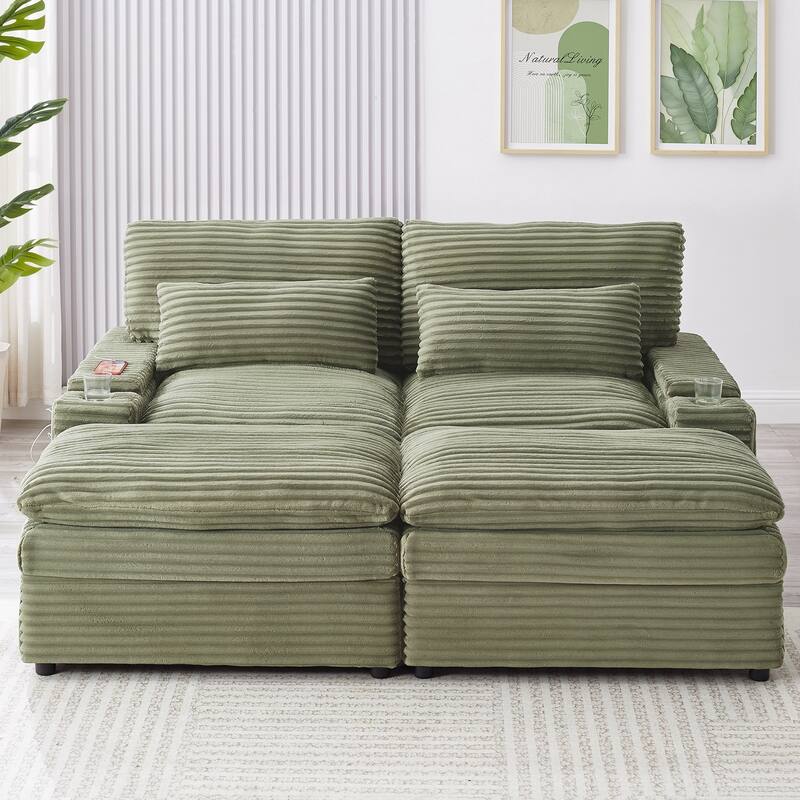 Loveseat Sofa Free-combined Sectional Convertible Sofa Bed with Storage Space, Two Movable Ottomans, Four USB Ports