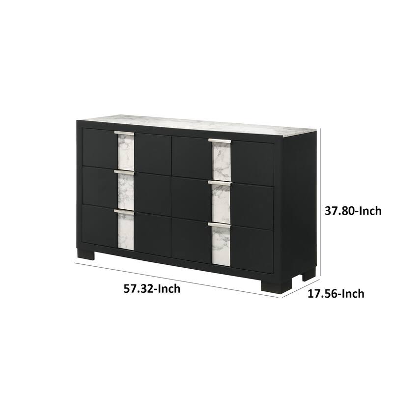Amey Wide 6 Drawer Dresser, White Marble Trim, Black Wood