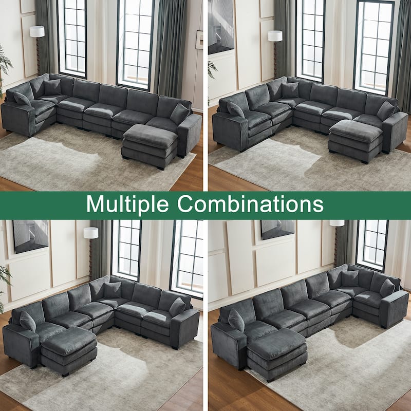 Grey 118.1'' Luxurious U-Shaped 6-Seat Sectional Sofa with Ottoman and 3 Throw Pillows in Durable Corduroy