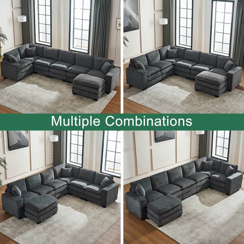 Modular Sectional Sofa for Living Room, U Shaped Sofa Couch with Ottoman and Three Toss Pillows, Corduroy Fabric Sofa Set