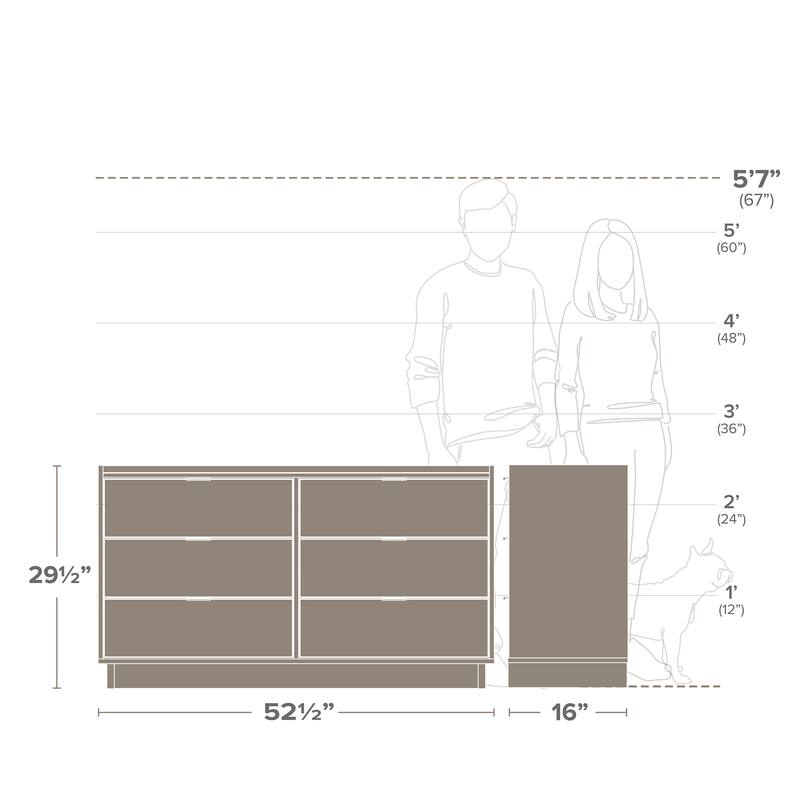 Prepac Simply Modern 6-Drawer 52.5" W Double Dresser for Bedroom, Chest of Drawers, Modern Bedroom Furniture, Oak