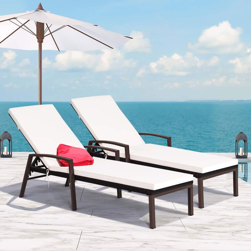 2 PCS Patio Rattan Chaise Lounge Chairs w/ 2 color Cushion Cover