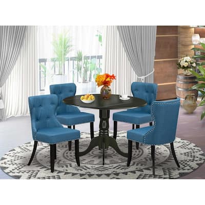 HomeStock 5-Piece Round Black Finish Solid Wood Top Dining table with 4 Chairs with Drop Leaf Lattice Back