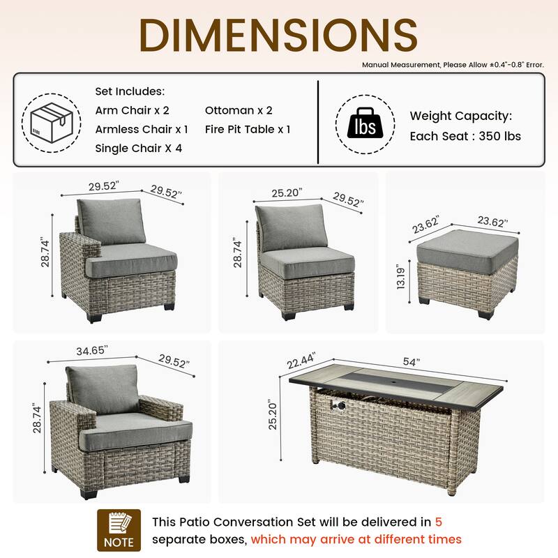 HOOOWOOO 10-piece Outdoor Wicker Wide Arm Patio Furniture Set with Fire Pit