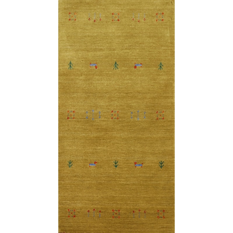 Hand Knotted Oriental 100% Wool Carpet Tribal Animal Pictorial Yellow & Gold Gabbeh Area Rug - 4' 0'' X 2' 0''