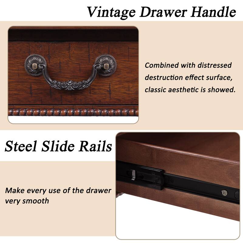 Vintage Cocktail Table Rectangular Wooden Coffee Table with Storage Drawer, Gourd-Shaped Legs and Zinc Alloy Handle