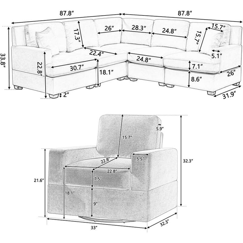 Living Room Sofa Set with Sectional Sofa and Swivel Accent Chair Solid