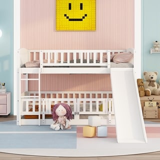 Modren Full over Full Versatile Low Bunk Bed With Slide,Fence and Ladder For Toddler Kids Teens