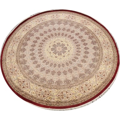 Wool/ Silk Vegetable Dye Floral Qum Oriental Area Rug Handmade Carpet - 10'1" x 10'2" Round