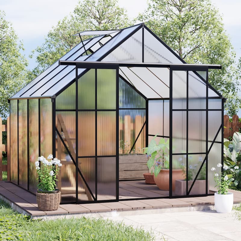 GDF Studio - Kensington Outdoor Aluminum Polycarbonate Greenhouse with Double Sliding Doors and Raised Base - 94.5" (Black)