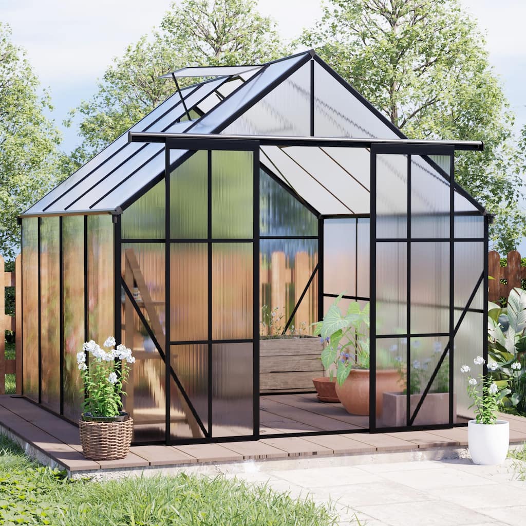 UV-Resistant Greenhouse Shed Plant Shed with Sliding Door & Adjustable Roof, Built-in Drainage Gutter Garden Shed, Rust-proof