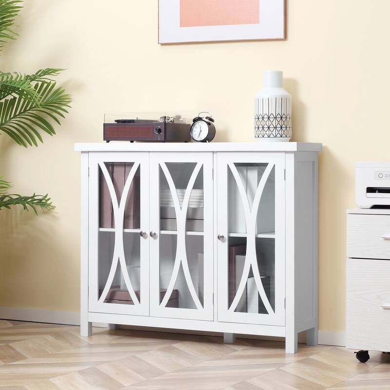 Buffet Cabinet with 3 Tempered Glass Doors, Arc Pattern and Adjustable Storage She